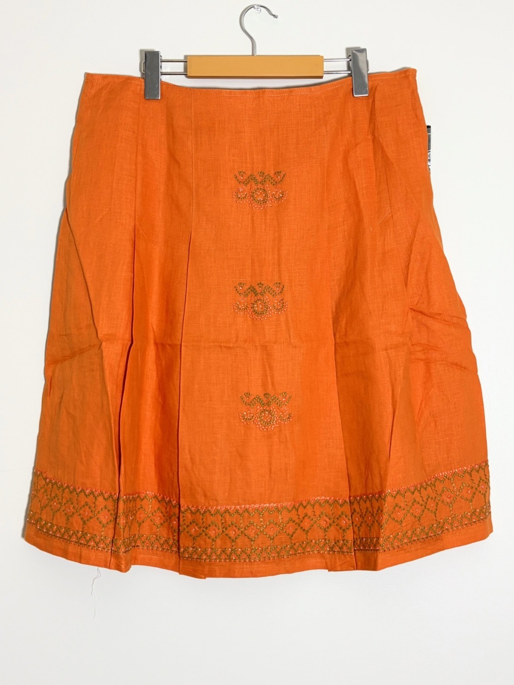 Boho Linen Cotton Orange Embroidered A-Line Women's XL Summer Skirt